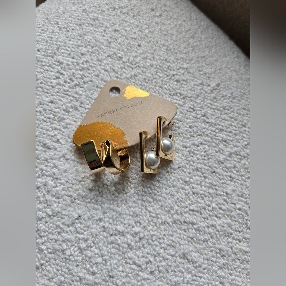 NWT! Anthropologie, Gold and Pearl Earring Set, 14k Gold Plated, MSRP $54